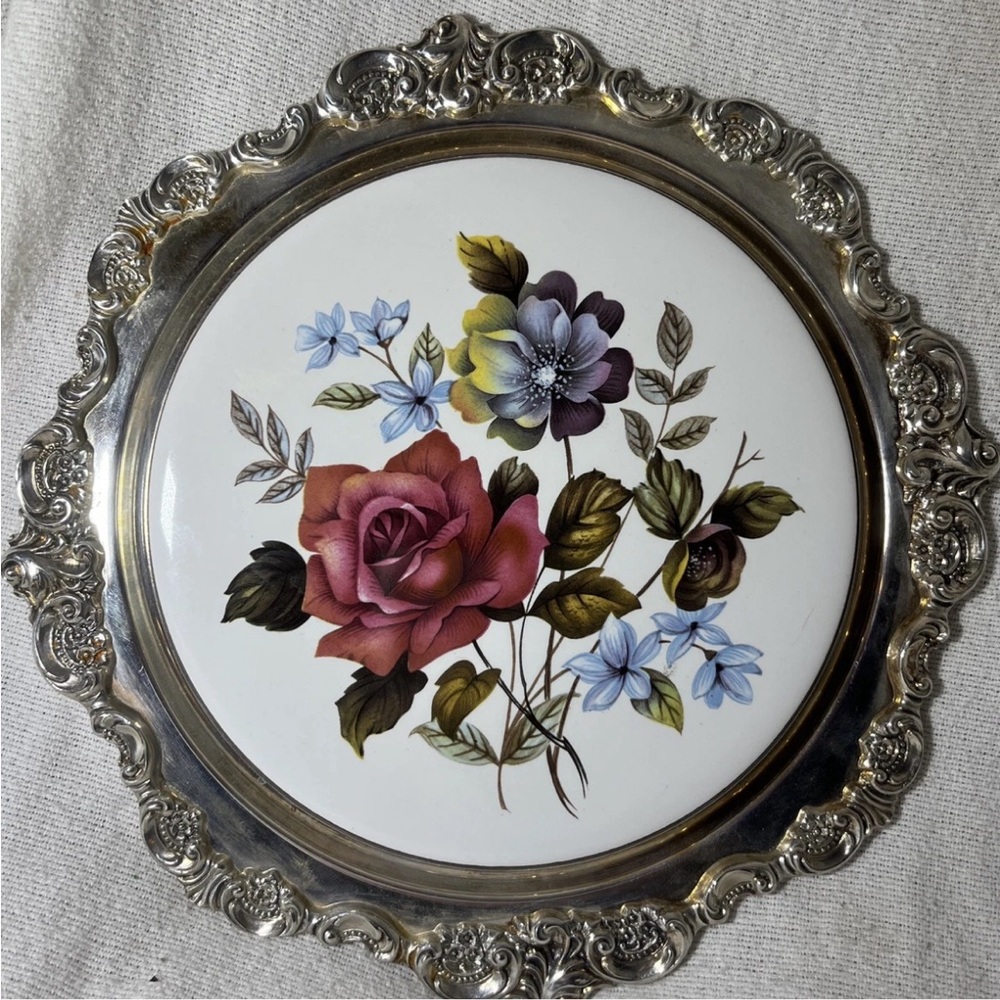 VTG Baroque by Wallace 245 Silverplate Ceramic Tile Trivet, Roses Pattern
